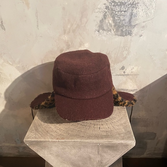 Brown Wool Hat with Leopard Print Ear Flaps